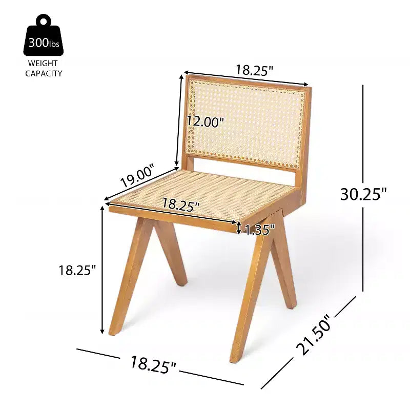 Armloser Esszimmerstuhl aus Kautschukholz und Rohrgeflecht mit V-förmigen Beinen, 2er-Set, Naturstil
