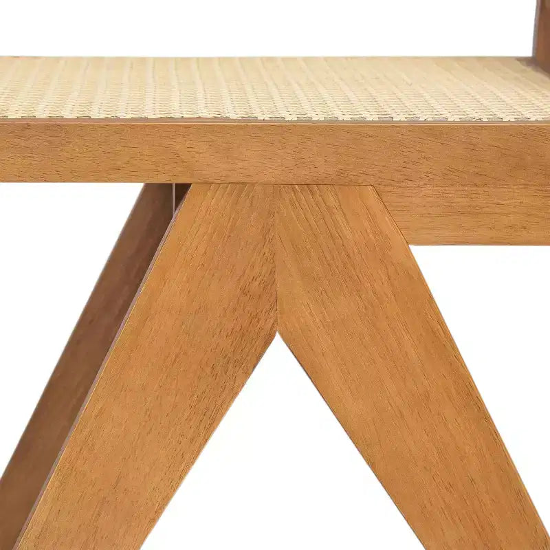 Armloser Esszimmerstuhl aus Kautschukholz und Rohrgeflecht mit V-förmigen Beinen, 2er-Set, Naturstil