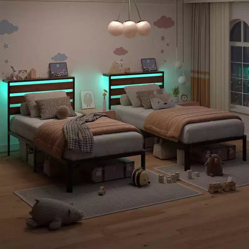 Metall-Plattformbettgestell Twin mit RGB-LED-Beleuchtung, Ladestation und 30 cm Stauraum unter dem Bett