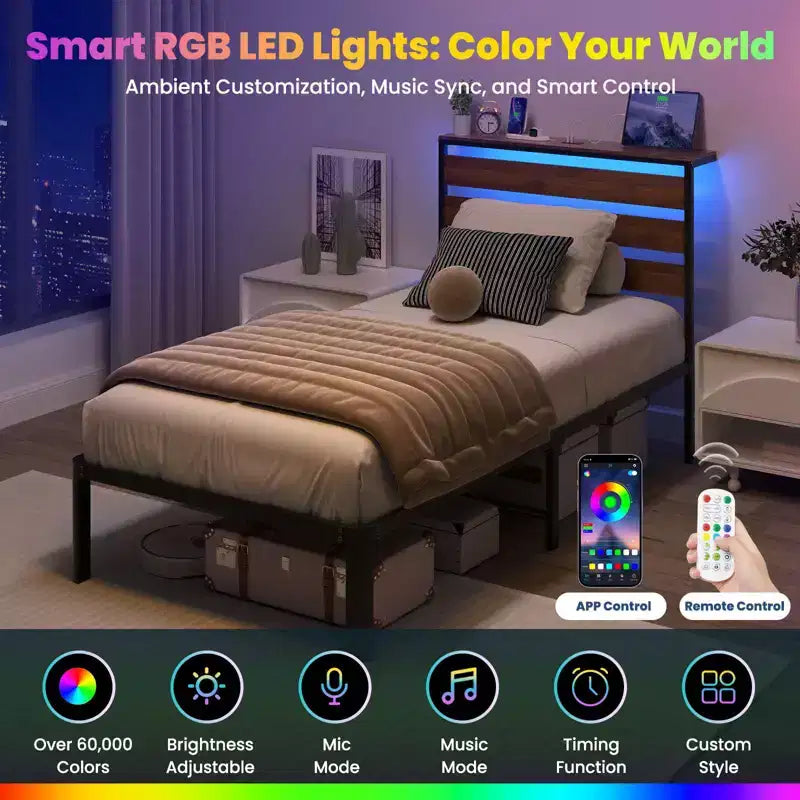 Metall-Plattformbettgestell Twin mit RGB-LED-Beleuchtung, Ladestation und 30 cm Stauraum unter dem Bett
