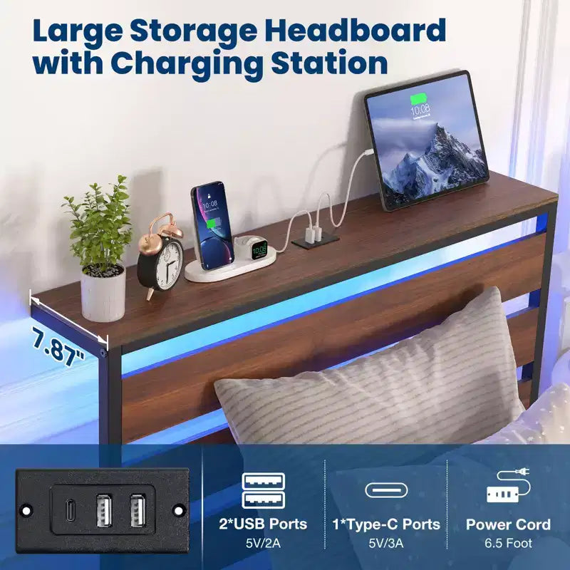 Metall-Plattformbettgestell Twin mit RGB-LED-Beleuchtung, Ladestation und 30 cm Stauraum unter dem Bett