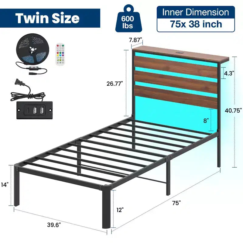 Metall-Plattformbettgestell Twin mit RGB-LED-Beleuchtung, Ladestation und 30 cm Stauraum unter dem Bett