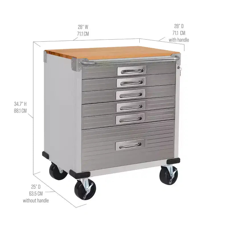 Stahlrollschrank mit 6 Schubladen, Soft-Close-Schubladen, Hartholzplatte, 28x25x34,5"
