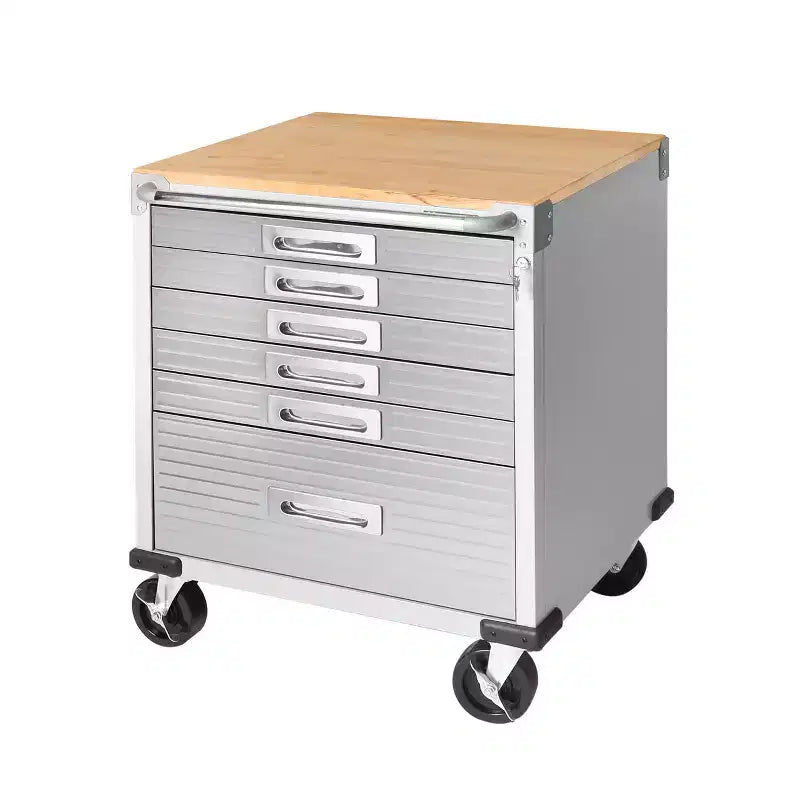 Stahlrollschrank mit 6 Schubladen, Soft-Close-Schubladen, Hartholzplatte, 28x25x34,5"