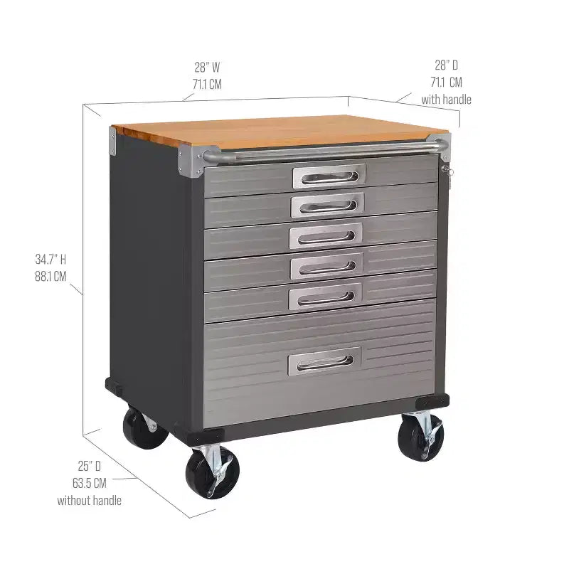 Stahlrollschrank mit 6 Schubladen, Soft-Close-Schubladen, Hartholzplatte, 28x25x34,5"