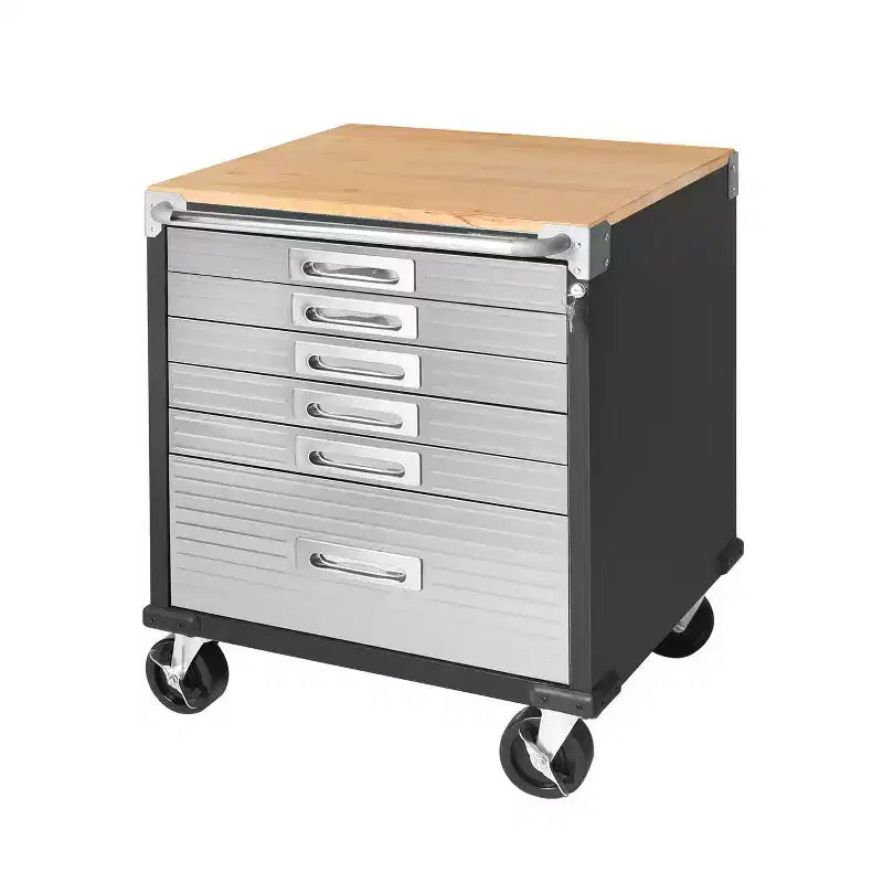 Stahlrollschrank mit 6 Schubladen, Soft-Close-Schubladen, Hartholzplatte, 28x25x34,5"