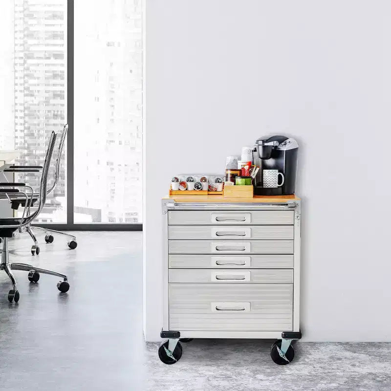 Stahlrollschrank mit 6 Schubladen, Soft-Close-Schubladen, Hartholzplatte, 28x25x34,5"