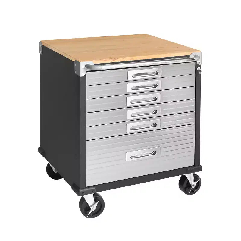 Stahlrollschrank mit 6 Schubladen, Soft-Close-Schubladen, Hartholzplatte, 28x25x34,5"