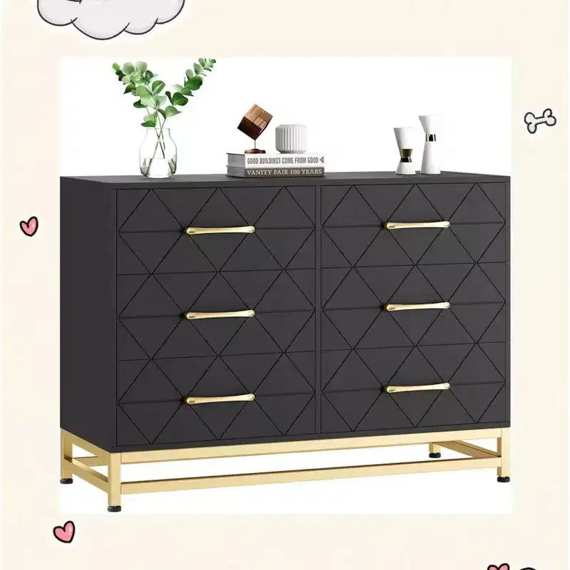 Eleganter schwarzer 6-Schubladen-Dresser mit goldenen Griffen & Kippschutz, MDF, 100 x 73 cm