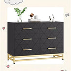 Eleganter schwarzer 6-Schubladen-Dresser mit goldenen Griffen & Kippschutz, MDF, 100 x 73 cm