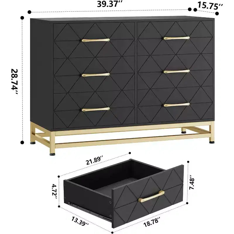 Eleganter schwarzer 6-Schubladen-Dresser mit goldenen Griffen & Kippschutz, MDF, 100 x 73 cm