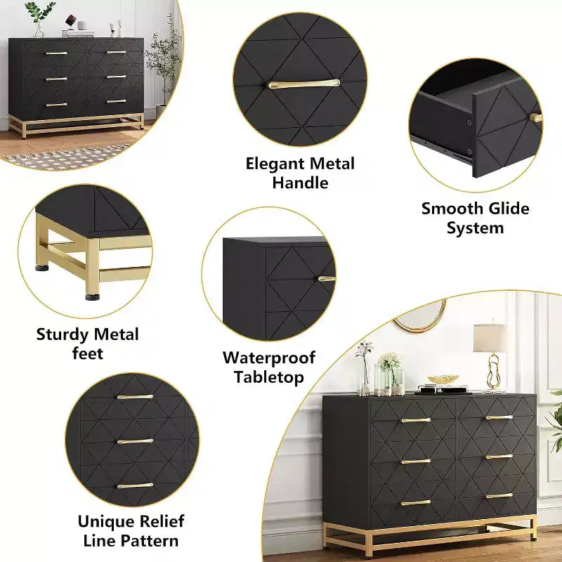 Eleganter schwarzer 6-Schubladen-Dresser mit goldenen Griffen & Kippschutz, MDF, 100 x 73 cm