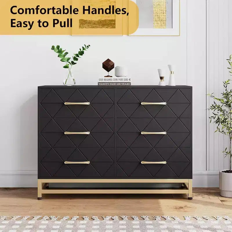 Eleganter schwarzer 6-Schubladen-Dresser mit goldenen Griffen & Kippschutz, MDF, 100 x 73 cm