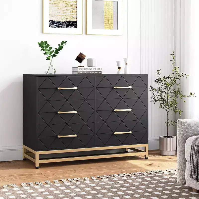 Eleganter schwarzer 6-Schubladen-Dresser mit goldenen Griffen & Kippschutz, MDF, 100 x 73 cm