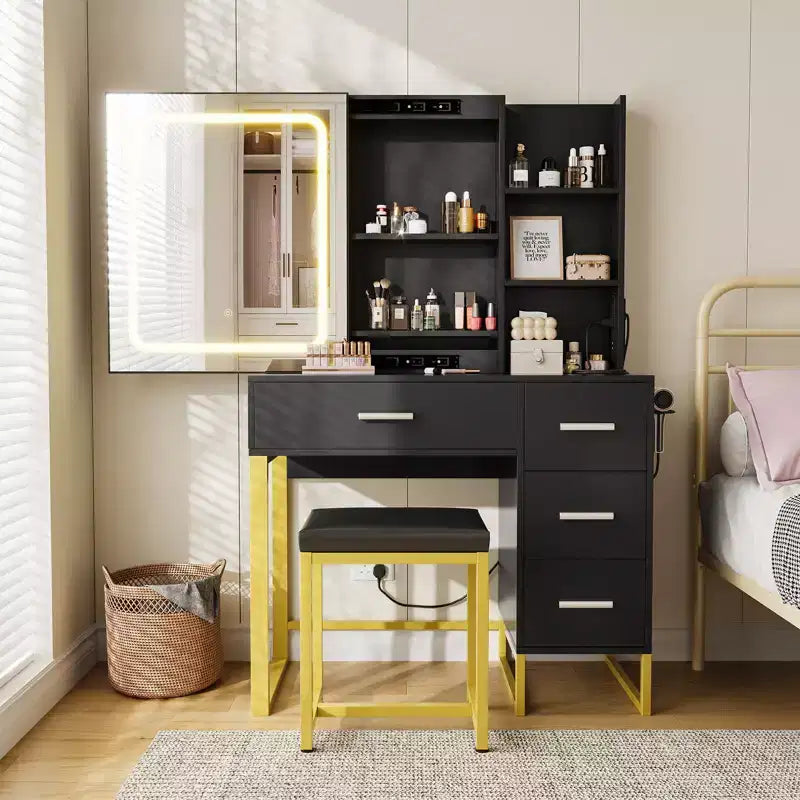 Modern Marble White Vanity Desk with Mirror and Lights