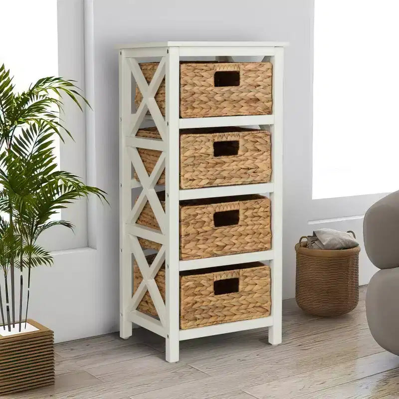4-stufiger Beistelltisch mit X-Seitenablage und 4 natürlichen Korbfächern, Weiß, 35,6 cm x 81,3 cm