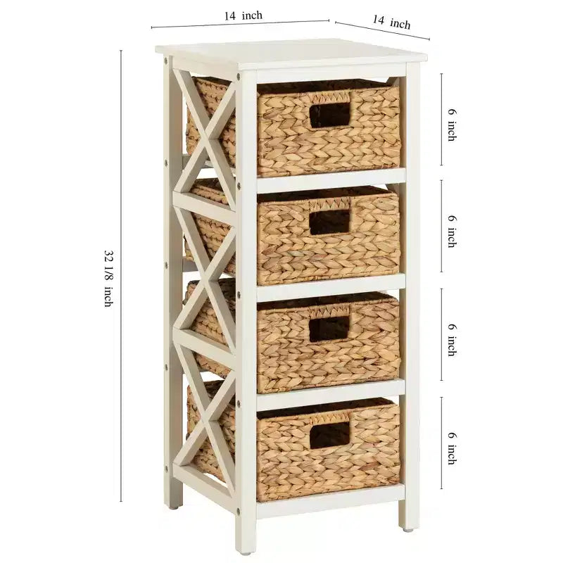 4-stufiger Beistelltisch mit X-Seitenablage und 4 natürlichen Korbfächern, Weiß, 35,6 cm x 81,3 cm