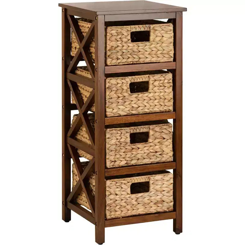 4-stufiger Beistelltisch mit X-Seitenablage und 4 natürlichen Korbfächern, Weiß, 35,6 cm x 81,3 cm