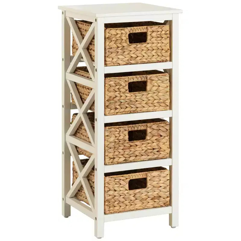 4-stufiger Beistelltisch mit X-Seitenablage und 4 natürlichen Korbfächern, Weiß, 35,6 cm x 81,3 cm
