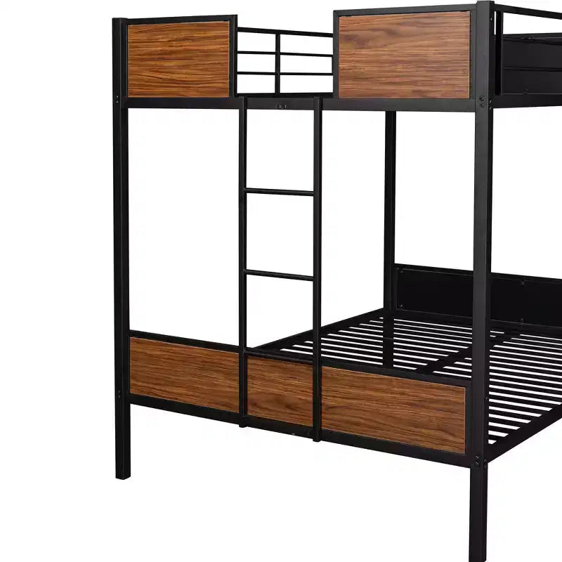 Metall-Etagenbett „Full over Full“ mit Holzmaserung, Metall-Etagenbettrahmen mit Sicherheitsgeländer für Kinder und Erwachsene, Braun