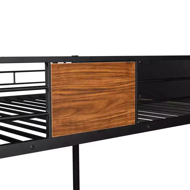 Metall-Etagenbett „Full over Full“ mit Holzmaserung, Metall-Etagenbettrahmen mit Sicherheitsgeländer für Kinder und Erwachsene, Braun