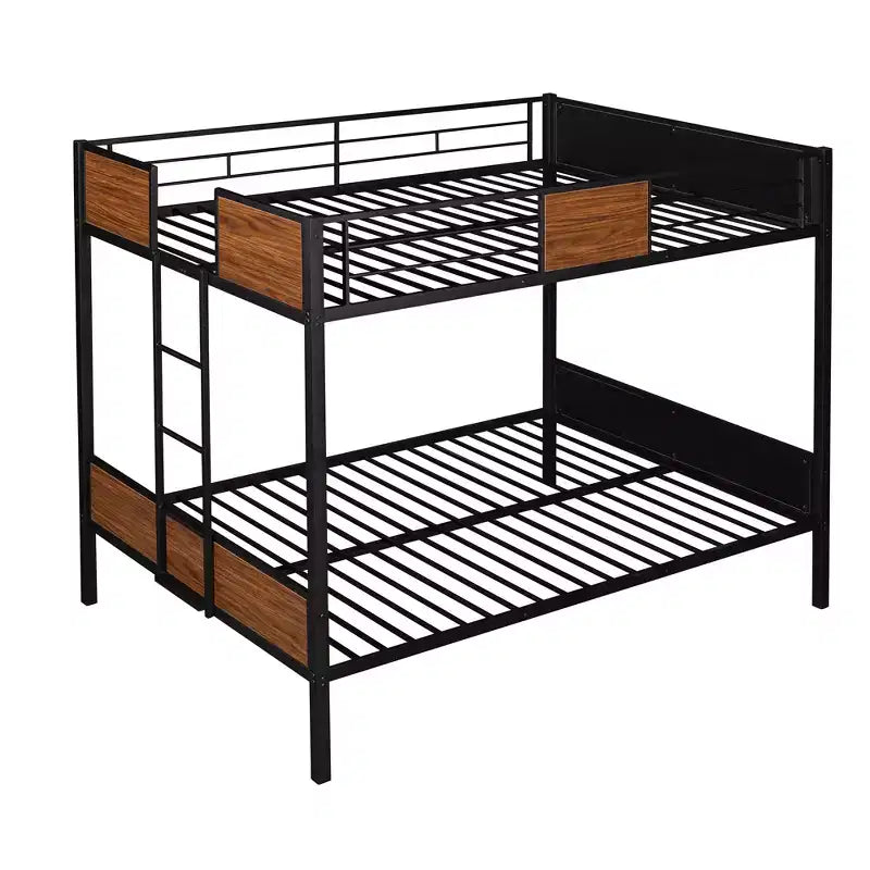 Metall-Etagenbett „Full over Full“ mit Holzmaserung, Metall-Etagenbettrahmen mit Sicherheitsgeländer für Kinder und Erwachsene, Braun