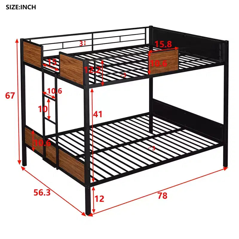 Metall-Etagenbett „Full over Full“ mit Holzmaserung, Metall-Etagenbettrahmen mit Sicherheitsgeländer für Kinder und Erwachsene, Braun