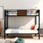 Metall-Etagenbett „Full over Full“ mit Holzmaserung, Metall-Etagenbettrahmen mit Sicherheitsgeländer für Kinder und Erwachsene, Braun