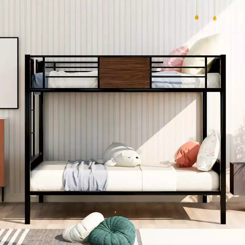 Metall-Etagenbett „Full over Full“ mit Holzmaserung, Metall-Etagenbettrahmen mit Sicherheitsgeländer für Kinder und Erwachsene, Braun