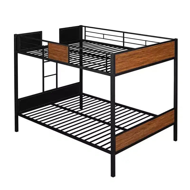 Metall-Etagenbett „Full over Full“ mit Holzmaserung, Metall-Etagenbettrahmen mit Sicherheitsgeländer für Kinder und Erwachsene, Braun
