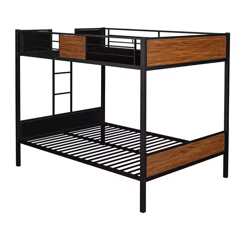 Metall-Etagenbett „Full over Full“ mit Holzmaserung, Metall-Etagenbettrahmen mit Sicherheitsgeländer für Kinder und Erwachsene, Braun
