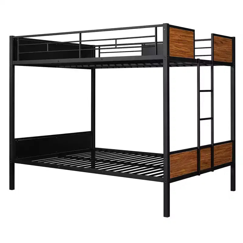 Metall-Etagenbett „Full over Full“ mit Holzmaserung, Metall-Etagenbettrahmen mit Sicherheitsgeländer für Kinder und Erwachsene, Braun