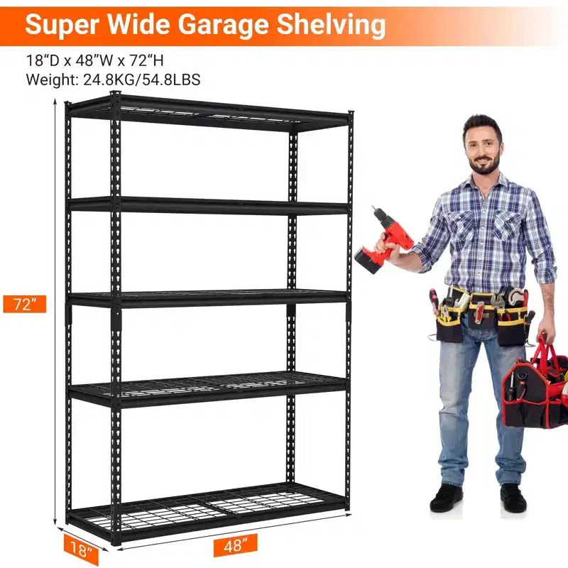 72" Schwerlast-Garagenregal, verstellbar, aus Stahl, 5 Böden, Industrieregal, Drahtregal