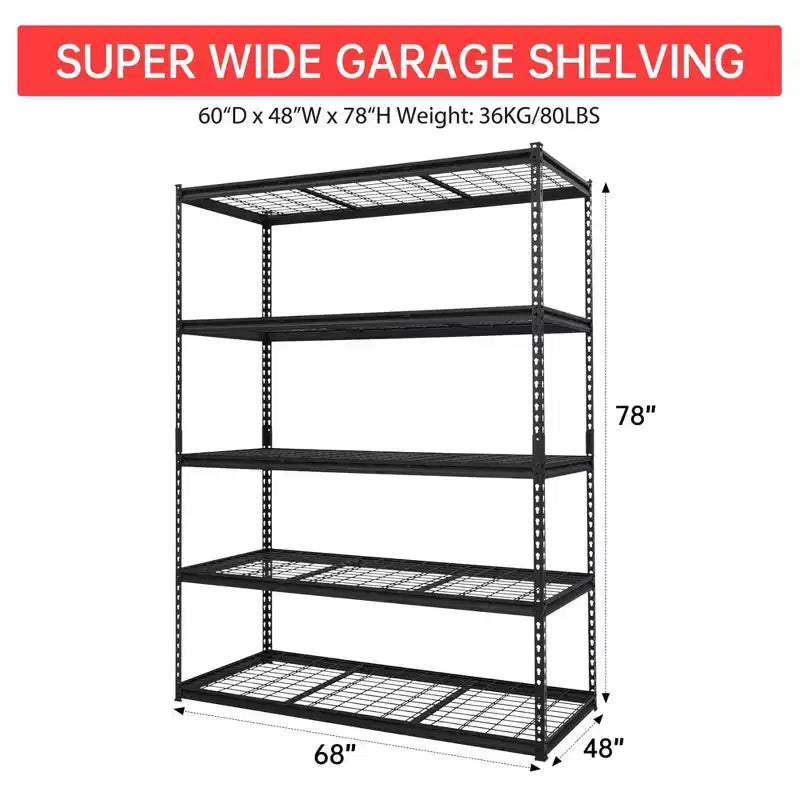 72" Schwerlast-Garagenregal, verstellbar, aus Stahl, 5 Böden, Industrieregal, Drahtregal