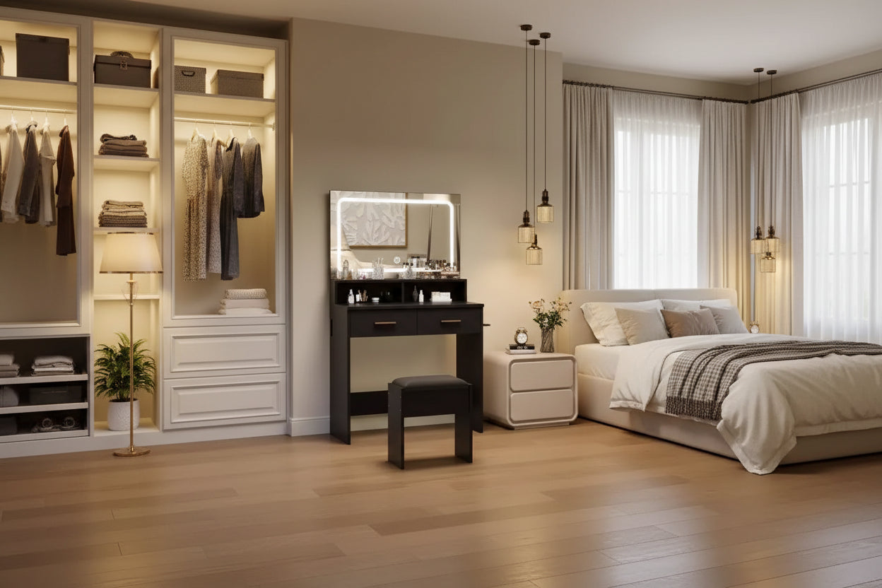 Modern Vanity Set with 3-Color Adjustable LED Mirror, Makeup Desk with Power Outlet and 2 Drawers, Dressing Table and Stool Set for Bedroom