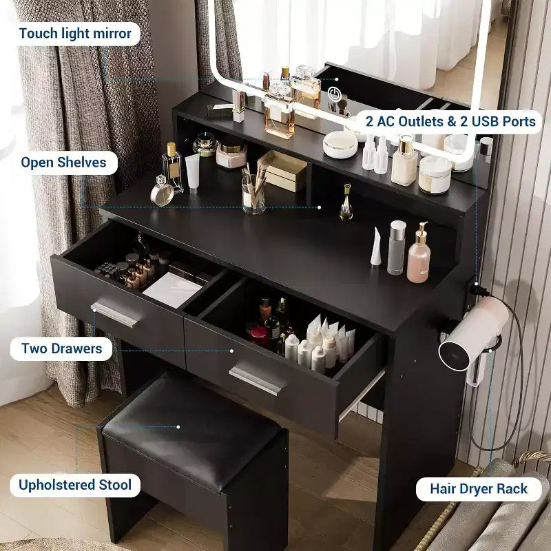 Moderner Schminktisch mit 3-farbig verstellbarem LED-Spiegel, Make-up-Tisch mit Steckdose und 2 Schubladen, Frisiertisch und Hocker-Set für Schlafzimmer