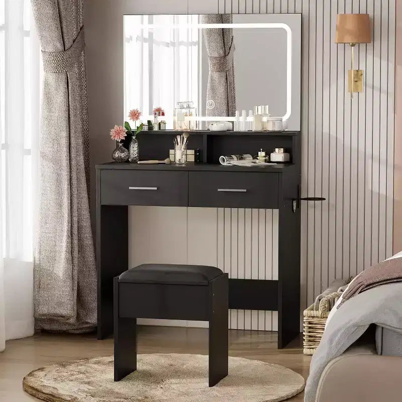 Moderner Schminktisch mit 3-farbig verstellbarem LED-Spiegel, Make-up-Tisch mit Steckdose und 2 Schubladen, Frisiertisch und Hocker-Set für Schlafzimmer