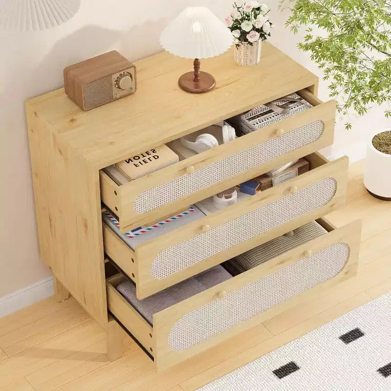 2er-Set Rattan-Kommoden mit 3 Schubladen und Kippschutz, moderne Holzaufbewahrungsschränke