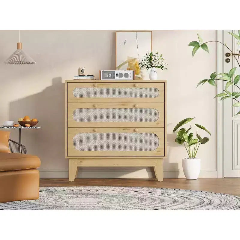 2er-Set Rattan-Kommoden mit 3 Schubladen und Kippschutz, moderne Holzaufbewahrungsschränke