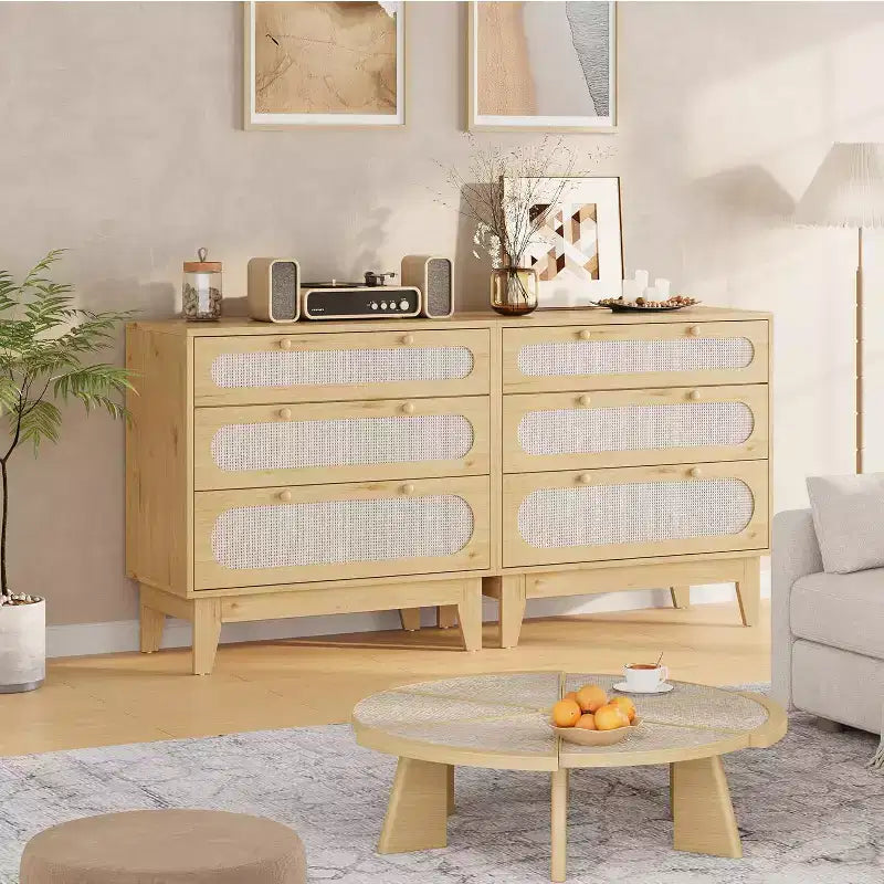2er-Set Rattan-Kommoden mit 3 Schubladen und Kippschutz, moderne Holzaufbewahrungsschränke