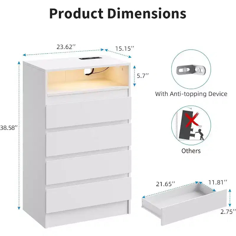Moderne Kommode mit 4 Schubladen, Umgebungsbeleuchtung und Stromanschluss, MDF, 2er-Set