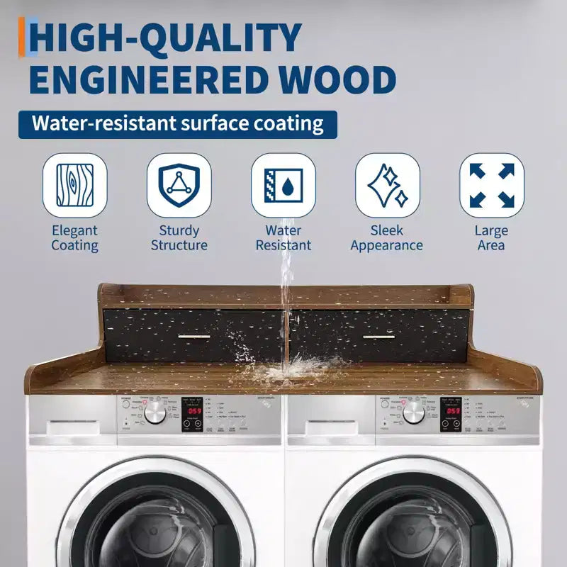 Waschmaschinen-Arbeitsplatte, 2-stufige Waschmaschinen-Trockner-Arbeitsplatte mit 2 Schubladen – 6,98 cm hohe Kantenleisten, wasserdichtes Holz, rutschfeste Pads (137,16 cm B x 69,98 cm T)