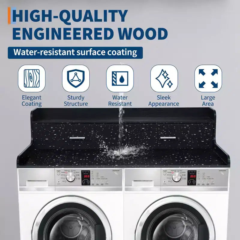 Waschmaschinen-Arbeitsplatte, 2-stufige Waschmaschinen-Trockner-Arbeitsplatte mit 2 Schubladen – 6,98 cm hohe Kantenleisten, wasserdichtes Holz, rutschfeste Pads (137,16 cm B x 69,98 cm T)
