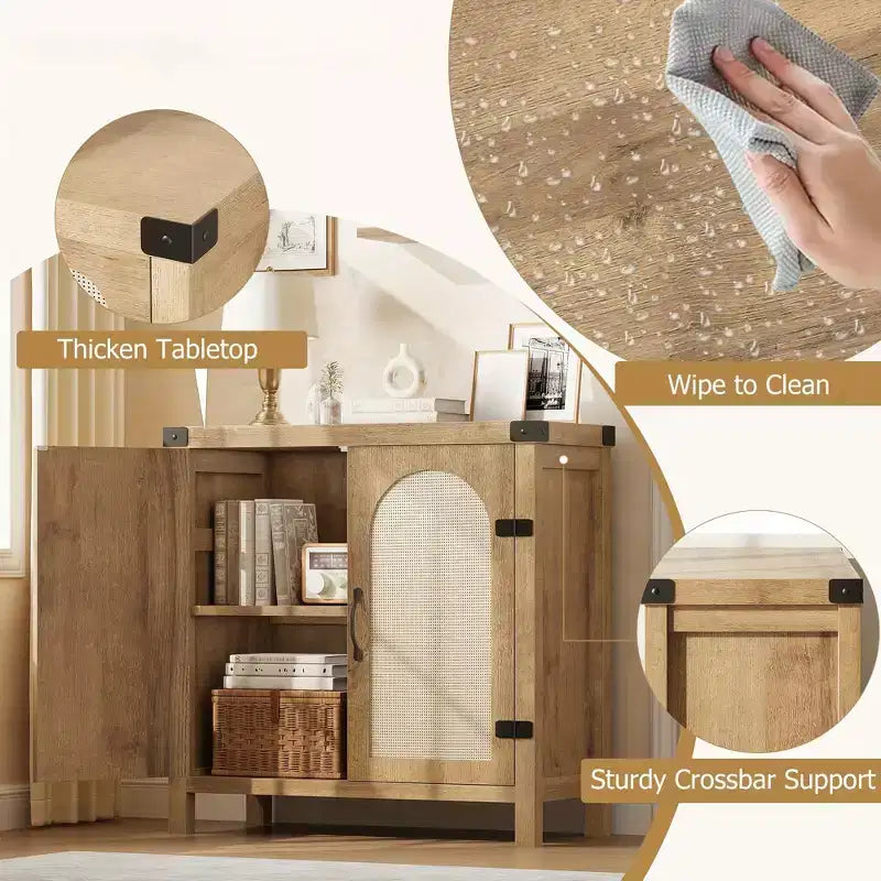 29.9'' Kleiner Rattan-Buffetschrank mit Stauraum, Küchen-Kaffeebar-Schrank mit Türen und Schublade, Sideboard mit verstellbaren Einlegeböden und Griff