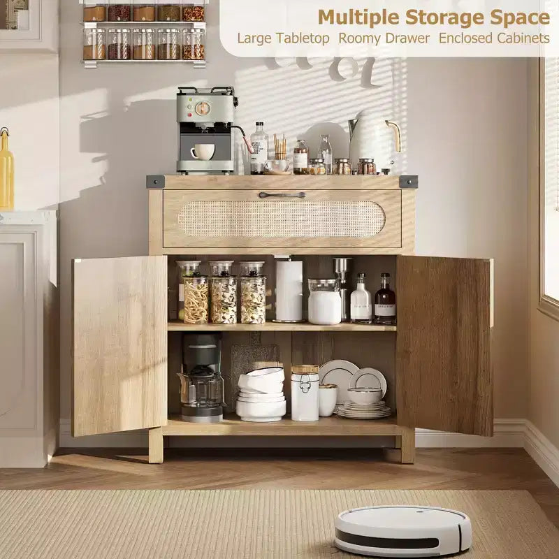 29.9'' Kleiner Rattan-Buffetschrank mit Stauraum, Küchen-Kaffeebar-Schrank mit Türen und Schublade, Sideboard mit verstellbaren Einlegeböden und Griff