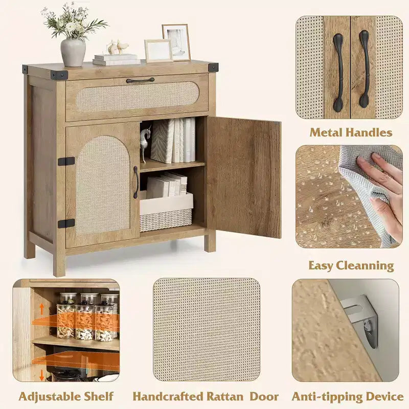 29.9'' Kleiner Rattan-Buffetschrank mit Stauraum, Küchen-Kaffeebar-Schrank mit Türen und Schublade, Sideboard mit verstellbaren Einlegeböden und Griff