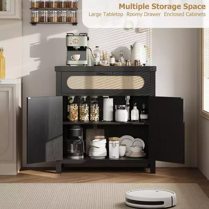 29.9'' Kleiner Rattan-Buffetschrank mit Stauraum, Küchen-Kaffeebar-Schrank mit Türen und Schublade, Sideboard mit verstellbaren Einlegeböden und Griff