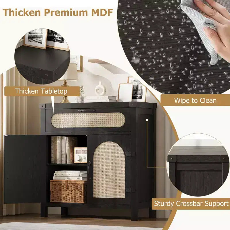 29.9'' Kleiner Rattan-Buffetschrank mit Stauraum, Küchen-Kaffeebar-Schrank mit Türen und Schublade, Sideboard mit verstellbaren Einlegeböden und Griff