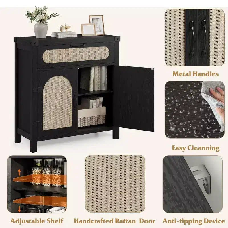 29.9'' Kleiner Rattan-Buffetschrank mit Stauraum, Küchen-Kaffeebar-Schrank mit Türen und Schublade, Sideboard mit verstellbaren Einlegeböden und Griff
