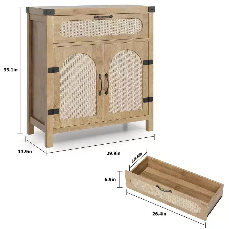 29.9'' Kleiner Rattan-Buffetschrank mit Stauraum, Küchen-Kaffeebar-Schrank mit Türen und Schublade, Sideboard mit verstellbaren Einlegeböden und Griff